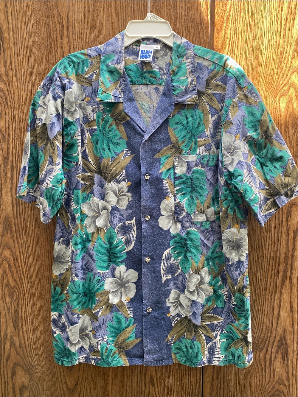 Blue Wave Mens XL 100% Cotton Hawaiian Shirt Teal Navy Floral